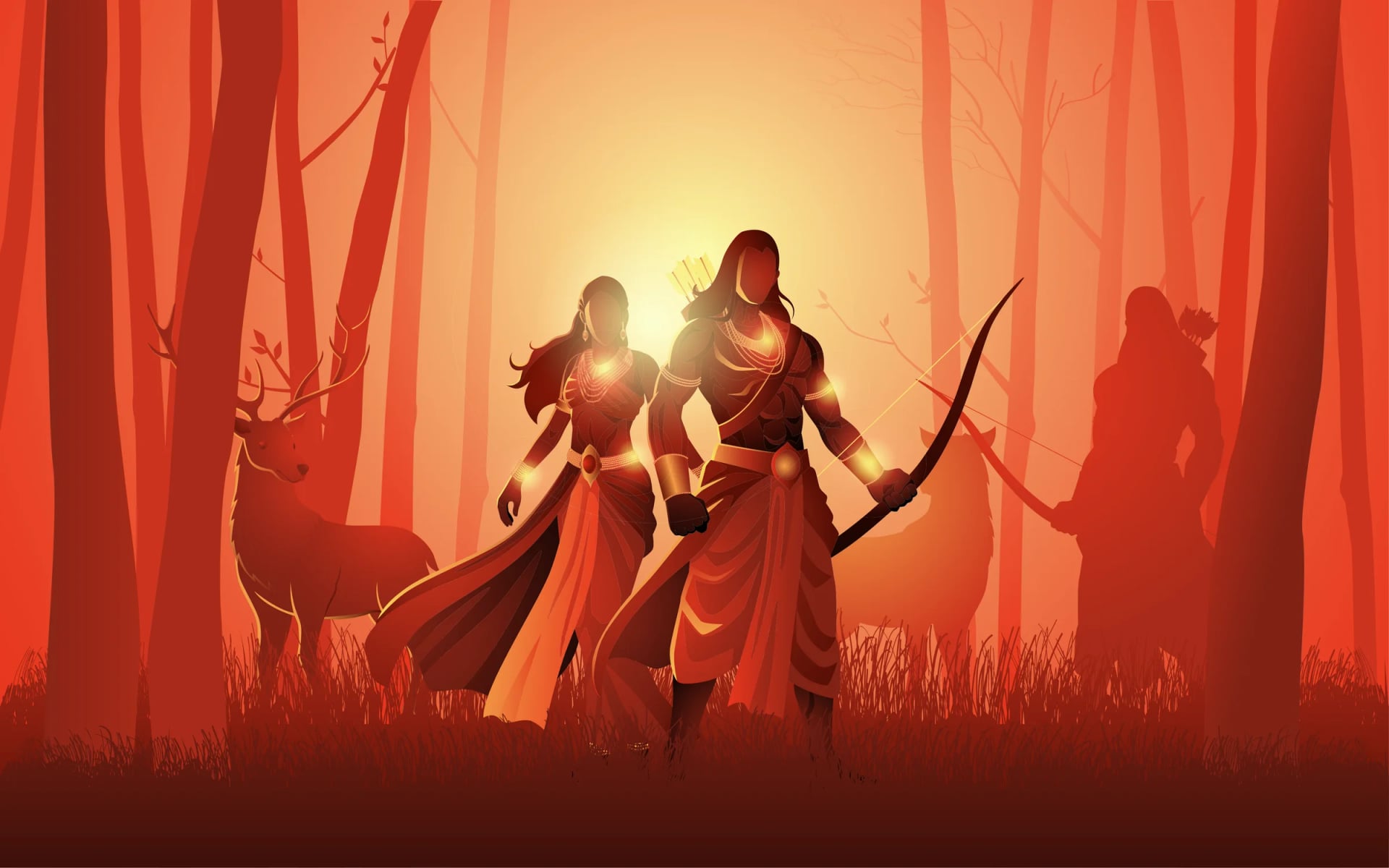 Silhouette of Lord Ram with his bow, Sita and Lakshman walking through the forest during the exile, the golden deer beside them